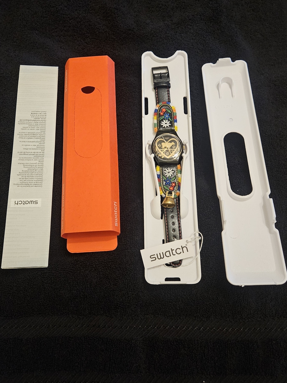 Swatch "Die Glocke" Black Floral Accent Leather Strap Watch with Multicolor Dial